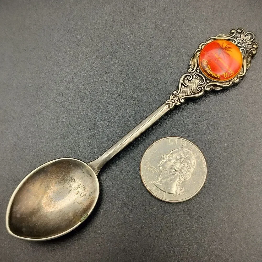 Vintage St. Thomas USVI Souvenir Spoon Cameo Silverplated Australia Palm Tree